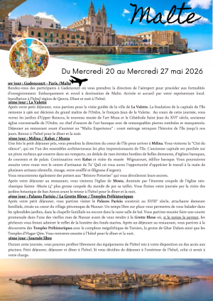 Malte, du mercredi 20 au mercredi 27 mai 2026