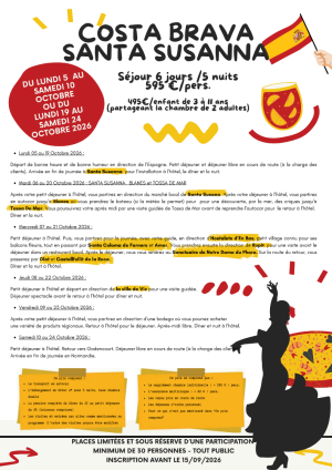 Costa Brava, Santa Susanna, du lundi 05 au samedi 10 octobre ou du lundi 19 au samedi 24 octobre 2026