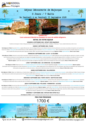 Séjour découverte de Majorque, du vendredi 04 au vendredi 11 septembre 2026